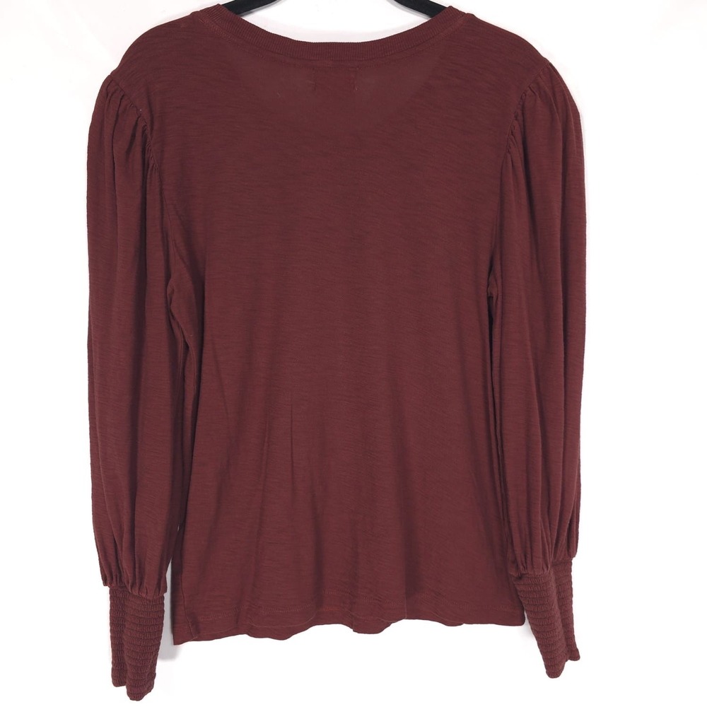 NATION‎ LTD Burgundy Pima Cotton Blouse Long Sleeve Smocked Cuff Women M - Picture 5 of 8